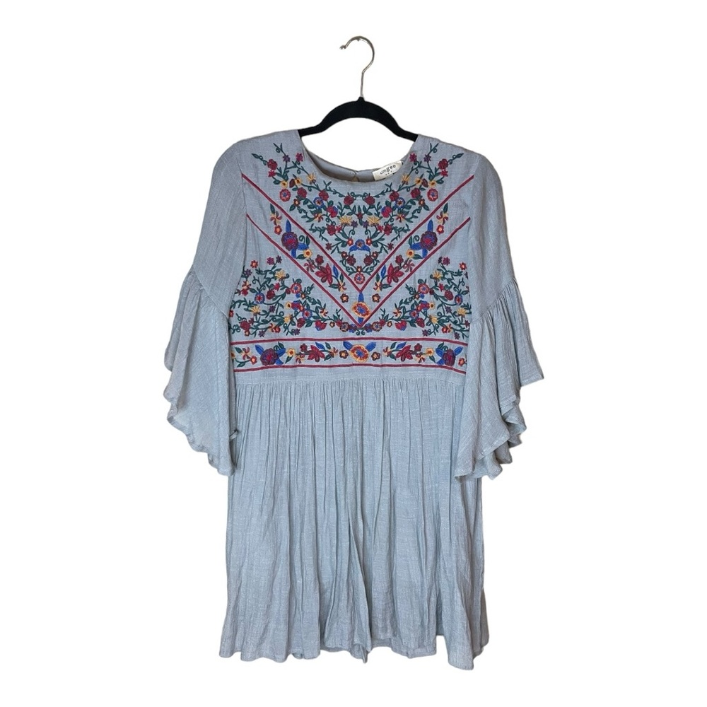 Umgee Boho Bliss Cool Grey Ruffled Sleeves Casual‎ Embroidered Dress Size Medium - Picture 2 of 7